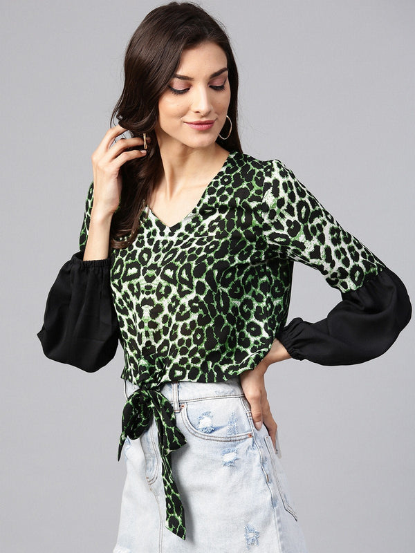 Women's Green Animal Print Crop Top - Pannkh