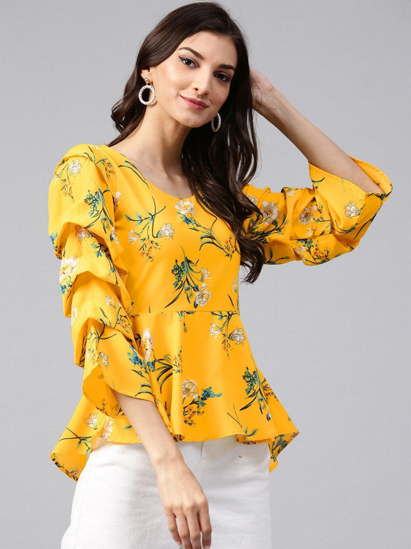 Women's Yellow Floral Printed Peplum Top - Pannkh