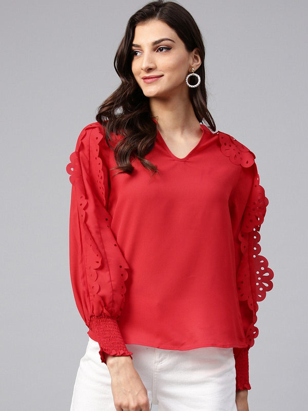 Women's Solid Top With Laser Cut Sleeves - Pannkh