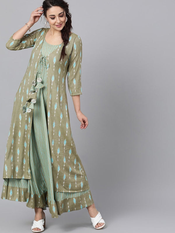 Women's  Green Printed Layered Maxi Dress - AKS