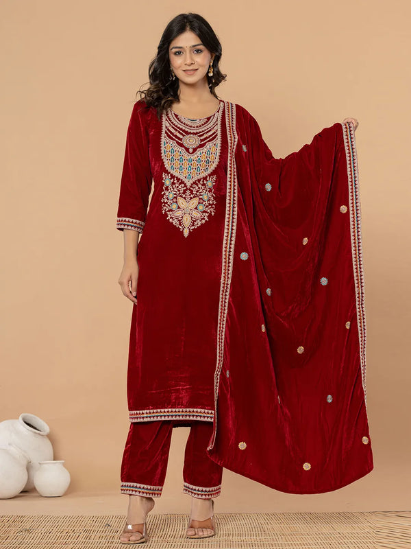 Maroon Velvet Embroidered A Have Cotton Lining Kurta Dupatta Set