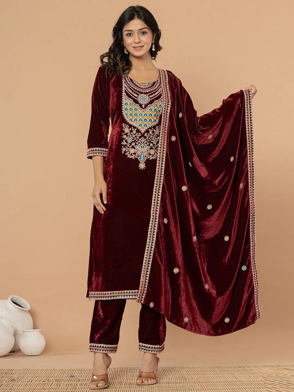 Burgundy Velvet Embroidered A Have Cotton Lining Kurta Dupatta Set