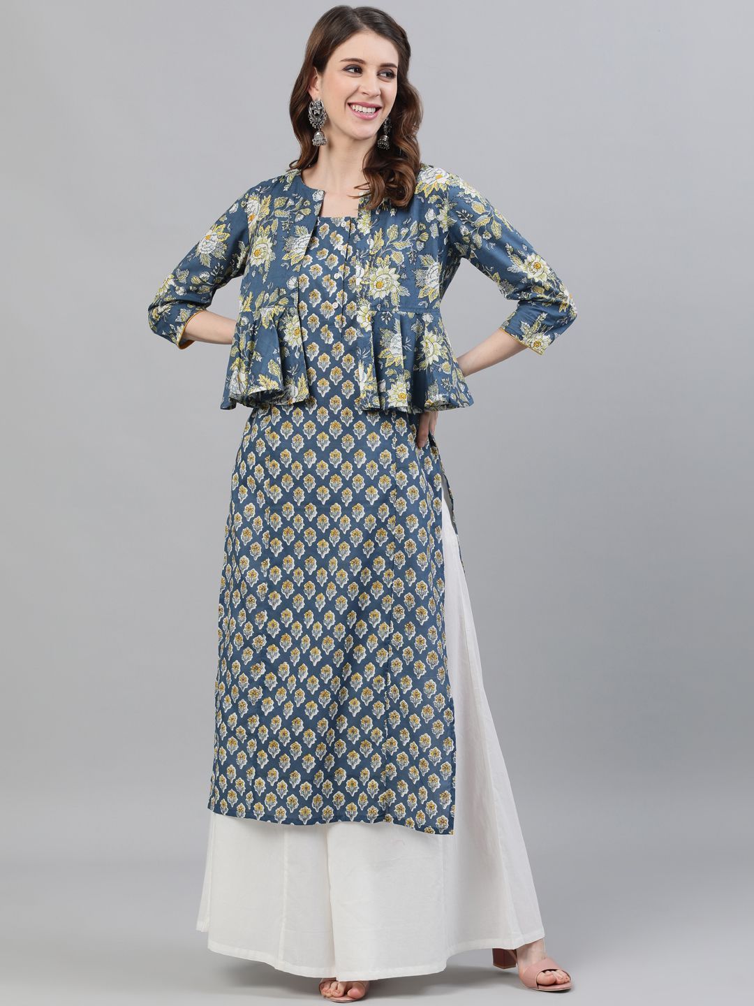 Women's Blue Floral Printed Straight Kurta With Jacket - AKS