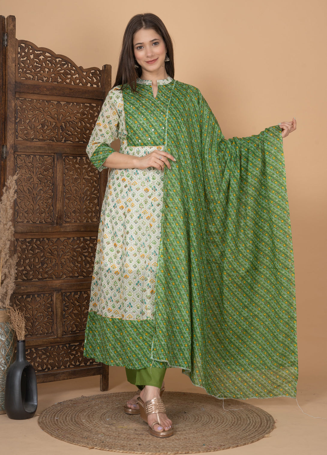 Women's Anarkali Cotton Printed Embellished Kurta Pant And Dupatta Set - Singni