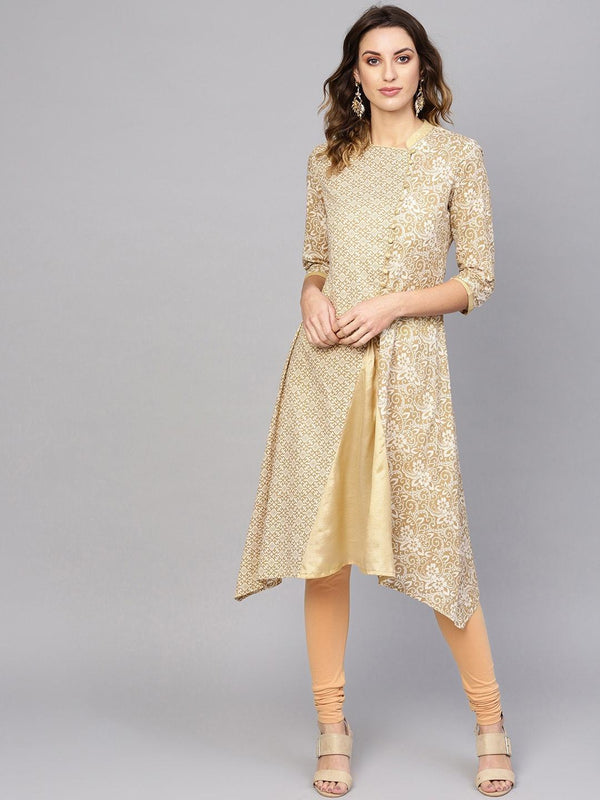 Women's  Off-White & Beige Printed A-Line Angrakha Kurta - AKS