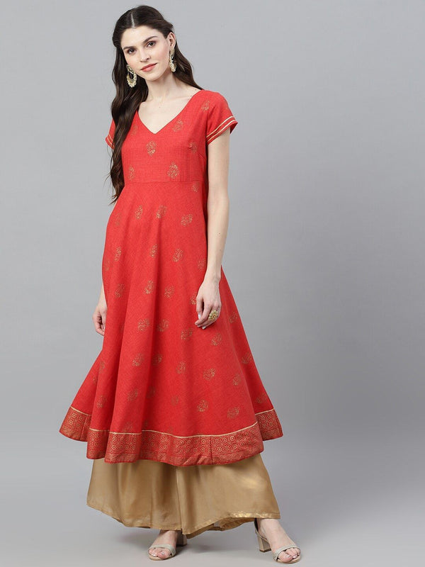 Women's  Red & Gold-Toned Woven Design Anarkali Kurta - AKS