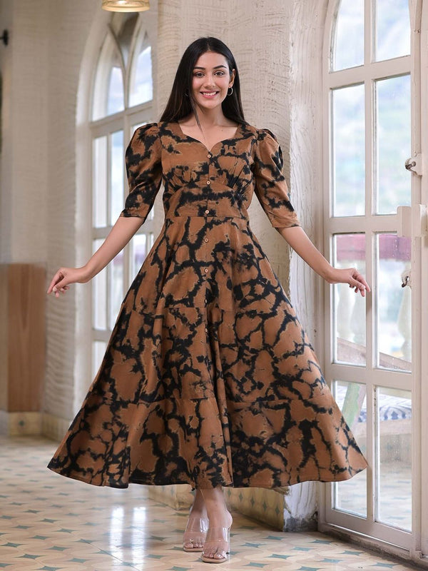 Women's Brown & Black Tie Dye Cotton Dress - Hatheli