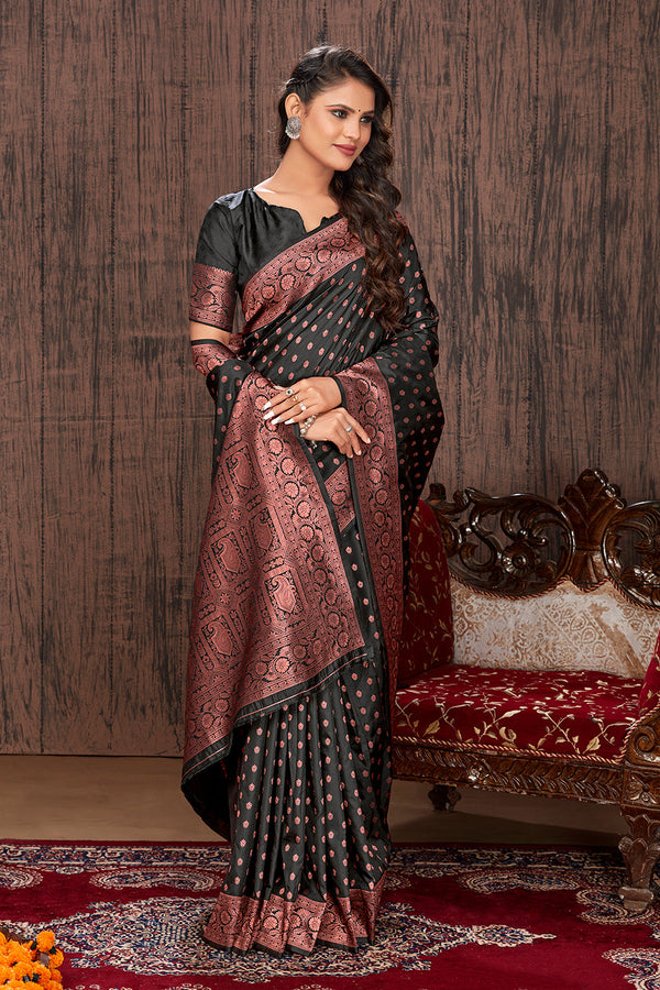 Women's Black Color Banarasi Silk Zari Work Saree  - Monjolika