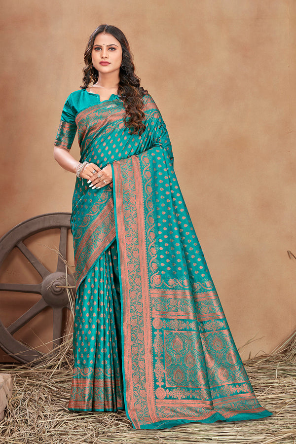 Women's Turquoise Color Banarasi Silk Zari Work Saree  - Monjolika