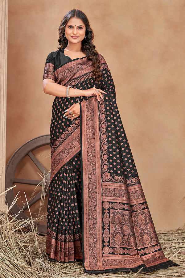 Women's Black Color Banarasi Silk Zari Work Saree  - Monjolika