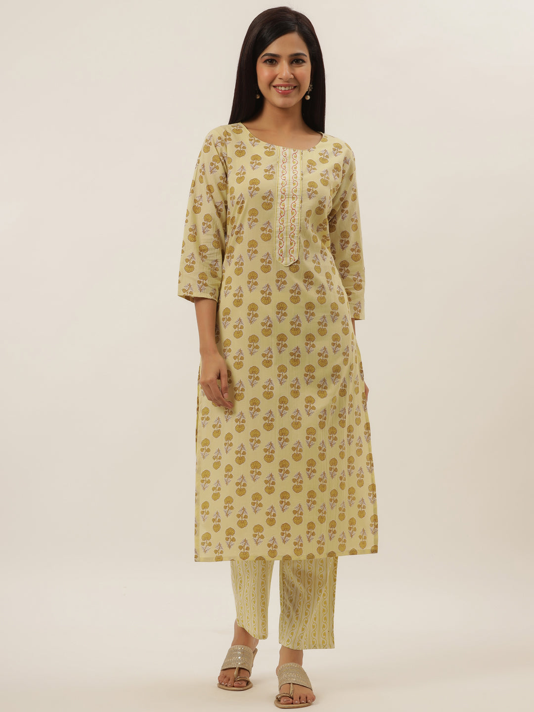 Women's Light Yellow Floral Print Hand Work Cotton Kurta With Pant Set - Yufta