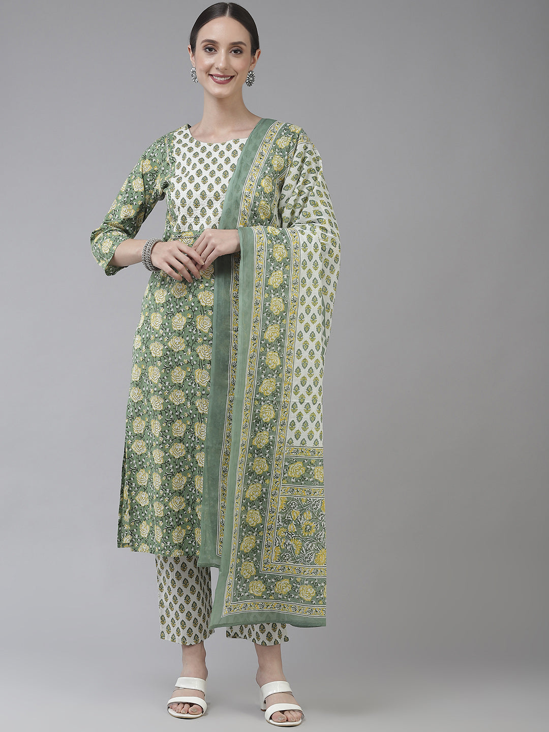 Women's Green And White Floral Print Bijia Lace On Yoke Kurta With Trousers & Dupatta - Yufta