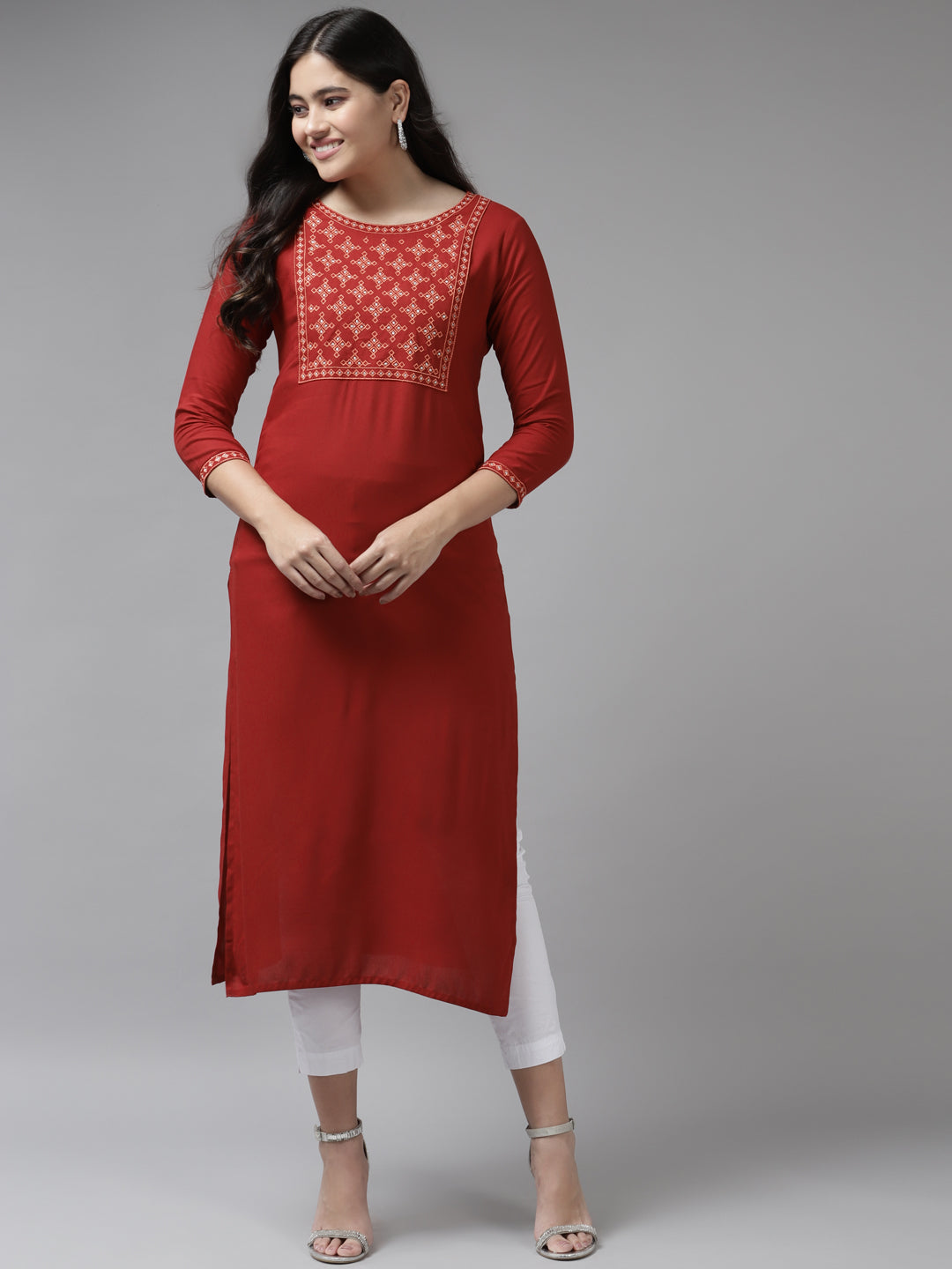 Women's Red Solid Embroidered Rayon Straight Kurta - Yufta