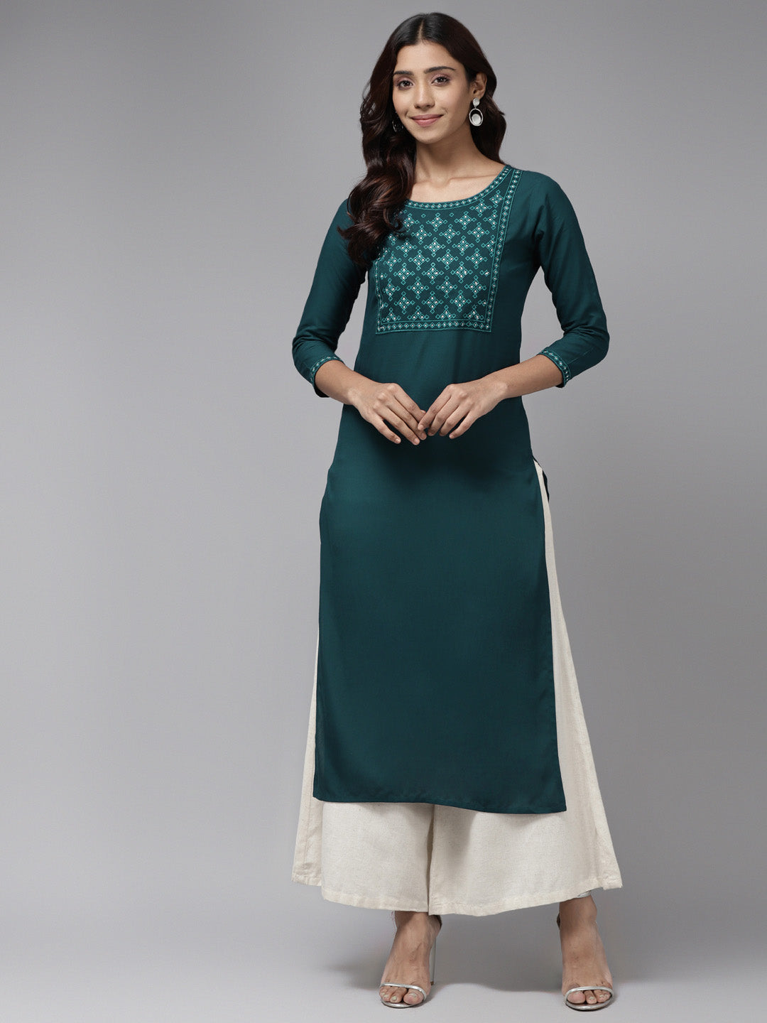 Women's Teal Blue Solid Embroidered Rayon Straight Kurta - Yufta