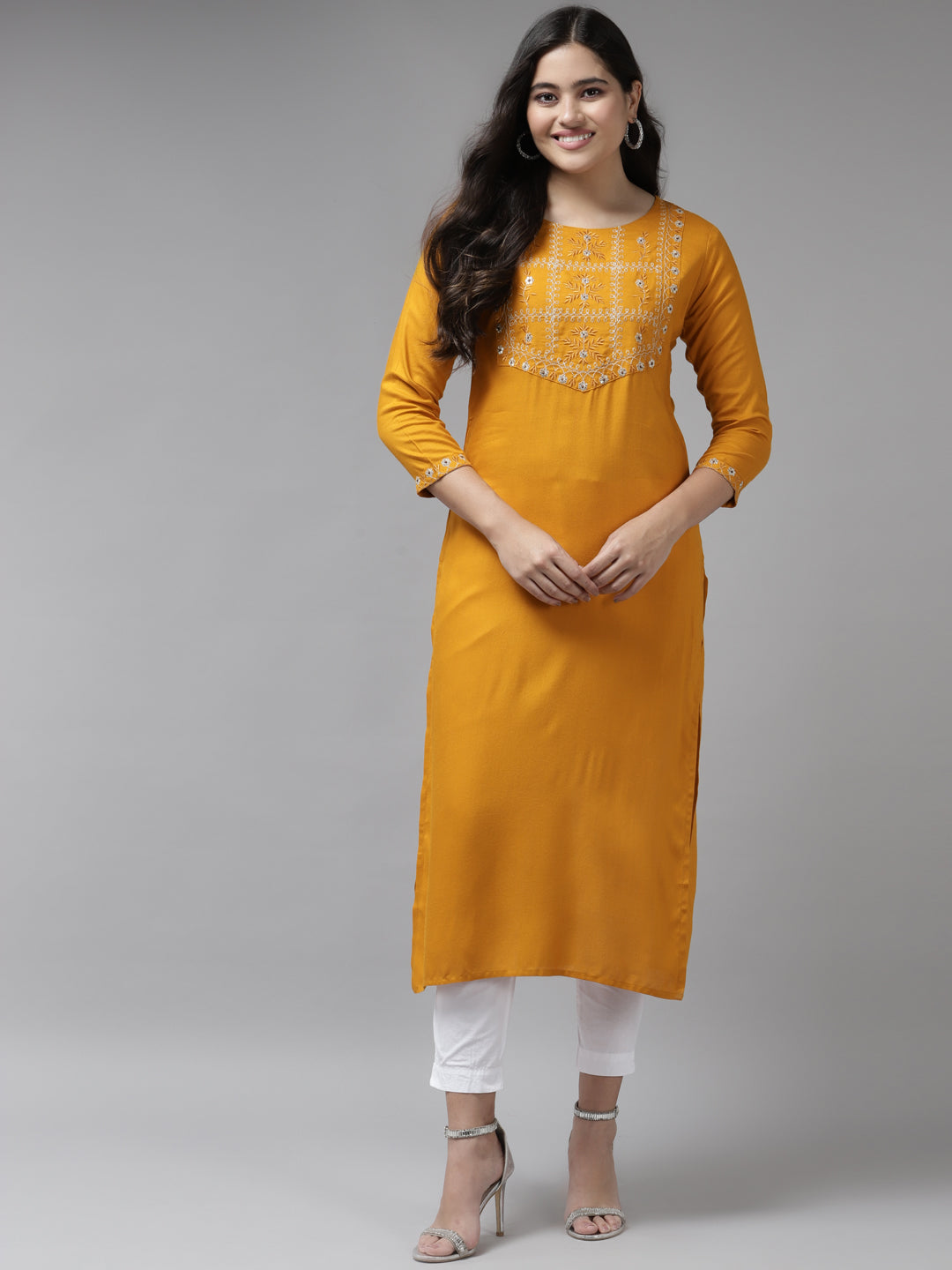 Women's Mustard Embroidered Sequence Work Rayon Straight Kurta - Yufta