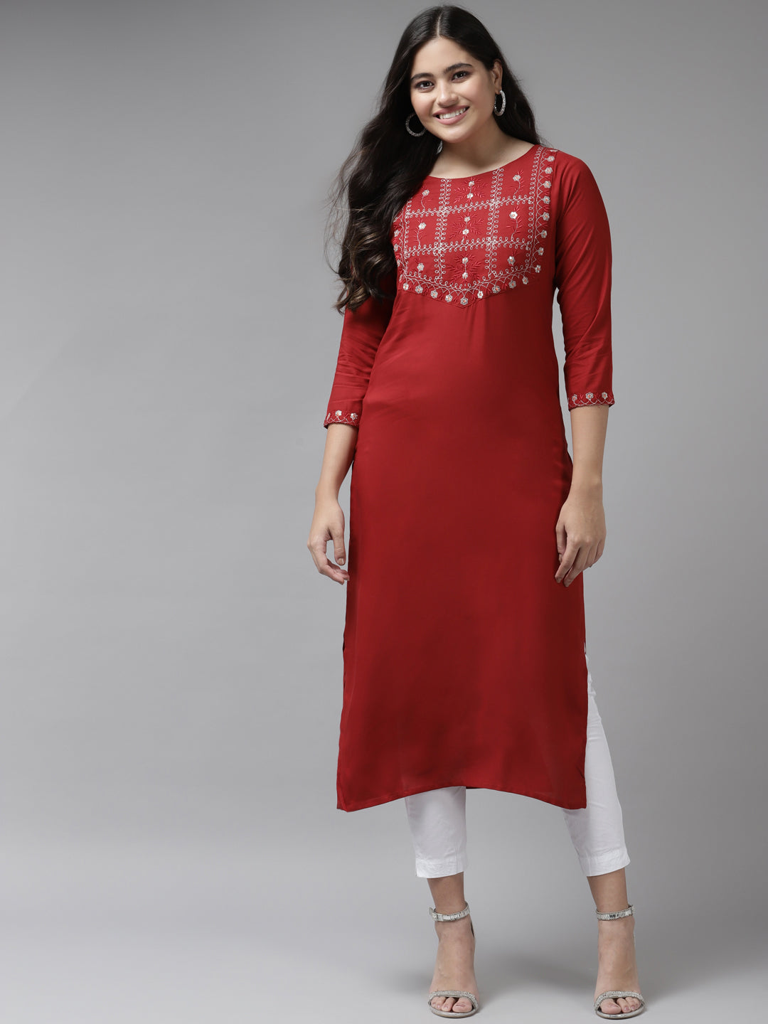 Women's Red Embroidered Sequence Work Rayon Straight Kurta - Yufta