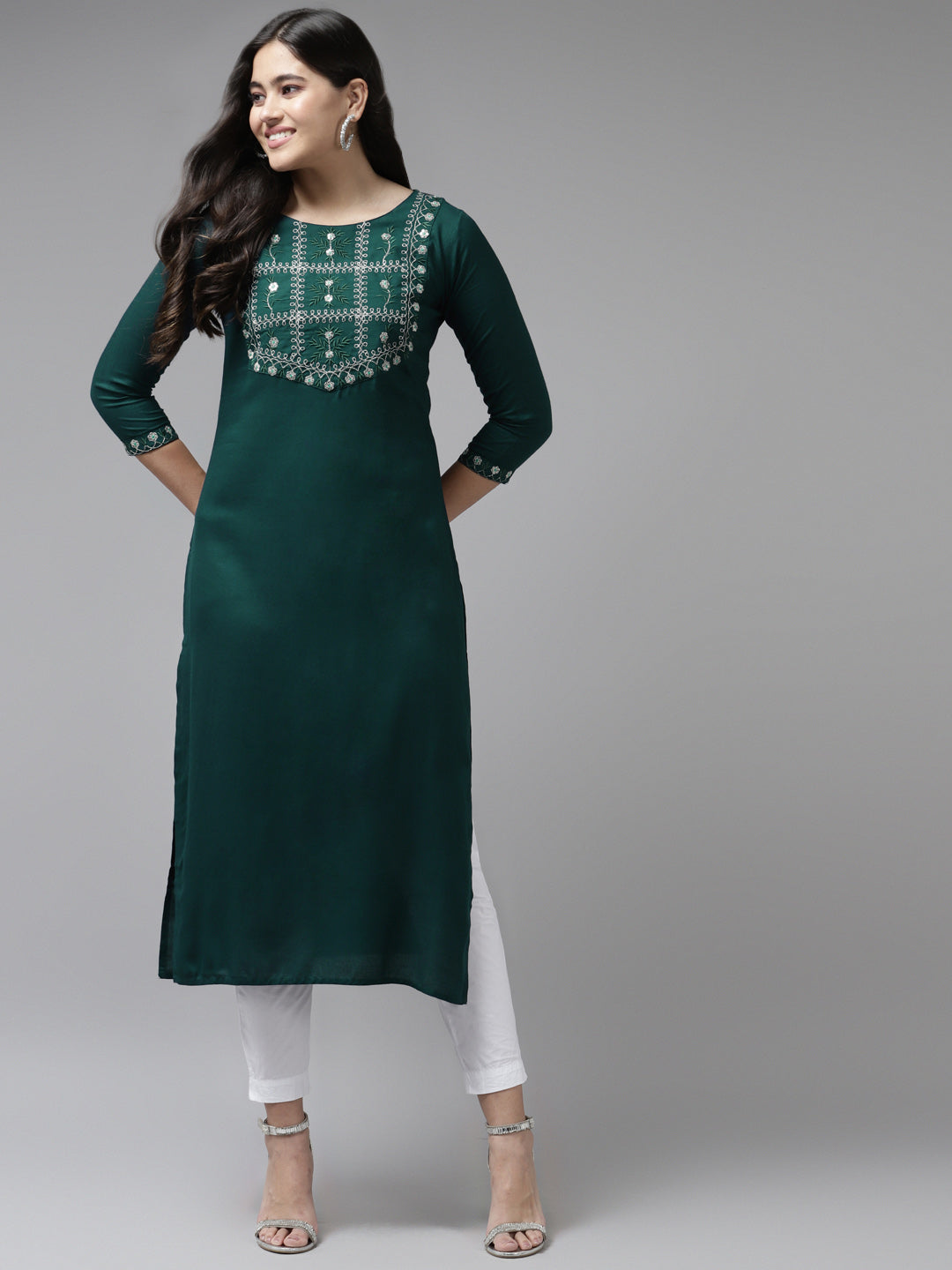 Women's Teal Blue Embroidered Sequence Work Rayon Straight Kurta - Yufta