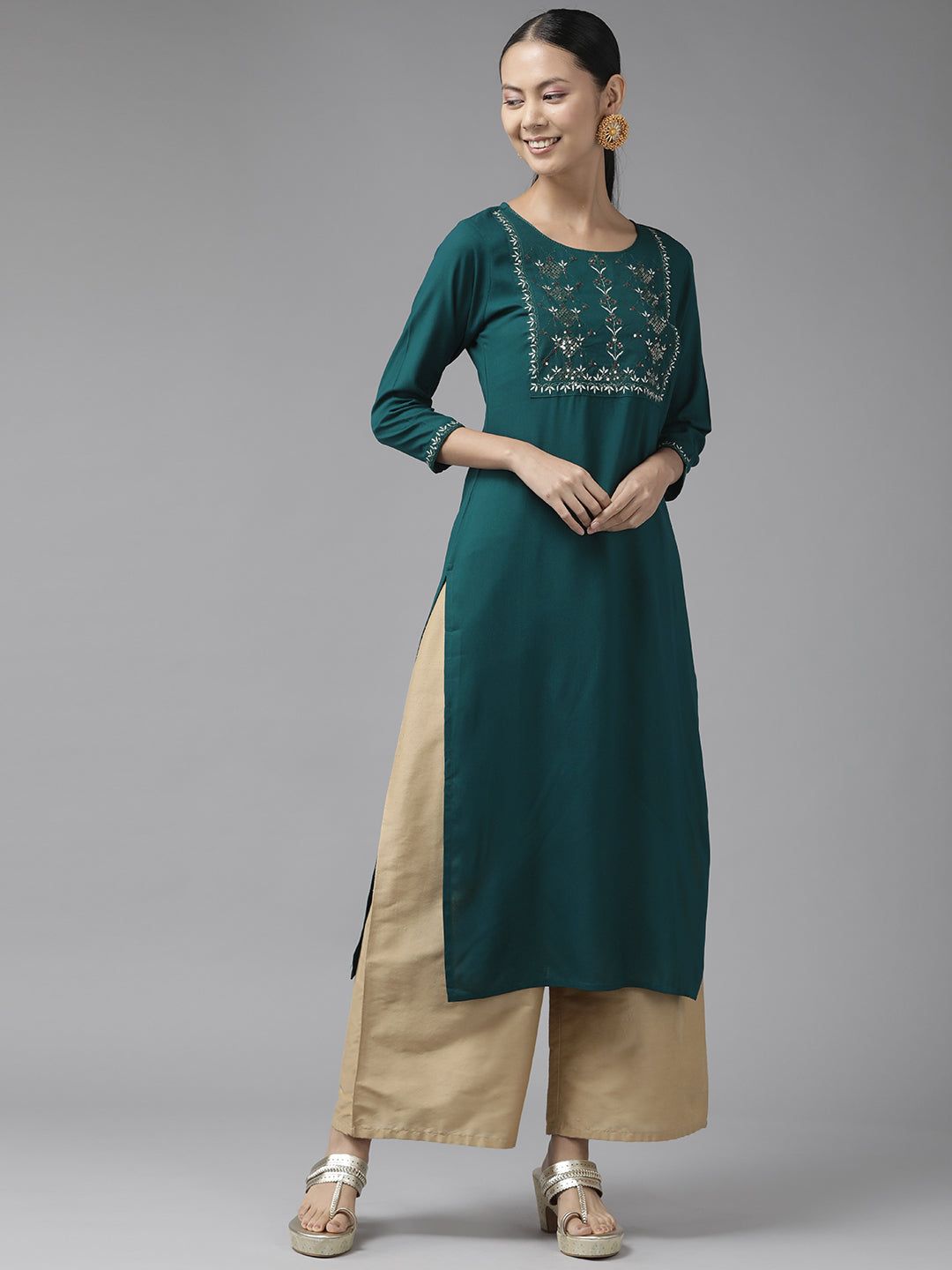 Women's Teal Green Embroidered Sequence Rayon Straight Kurta - Yufta