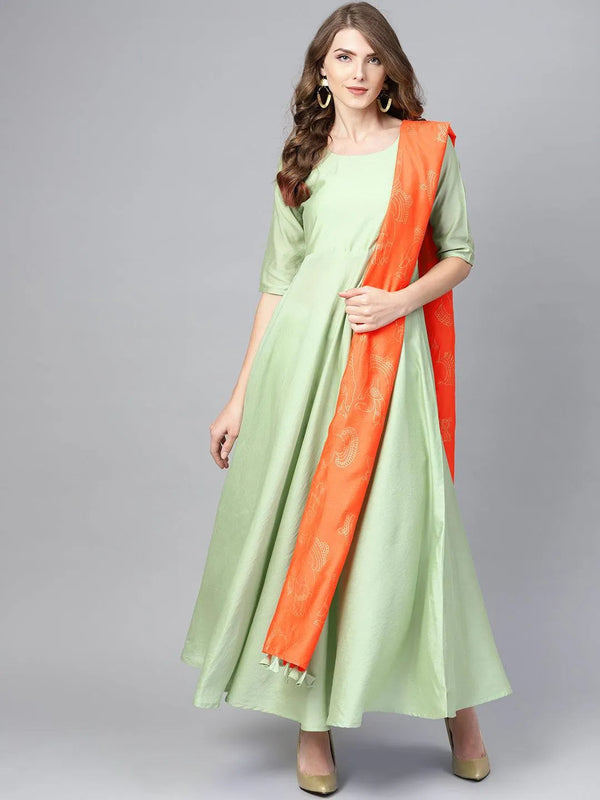 Green Solid Chanderi Silk Anarkali Kurta With Palazzos & Dupatta - Jashvi