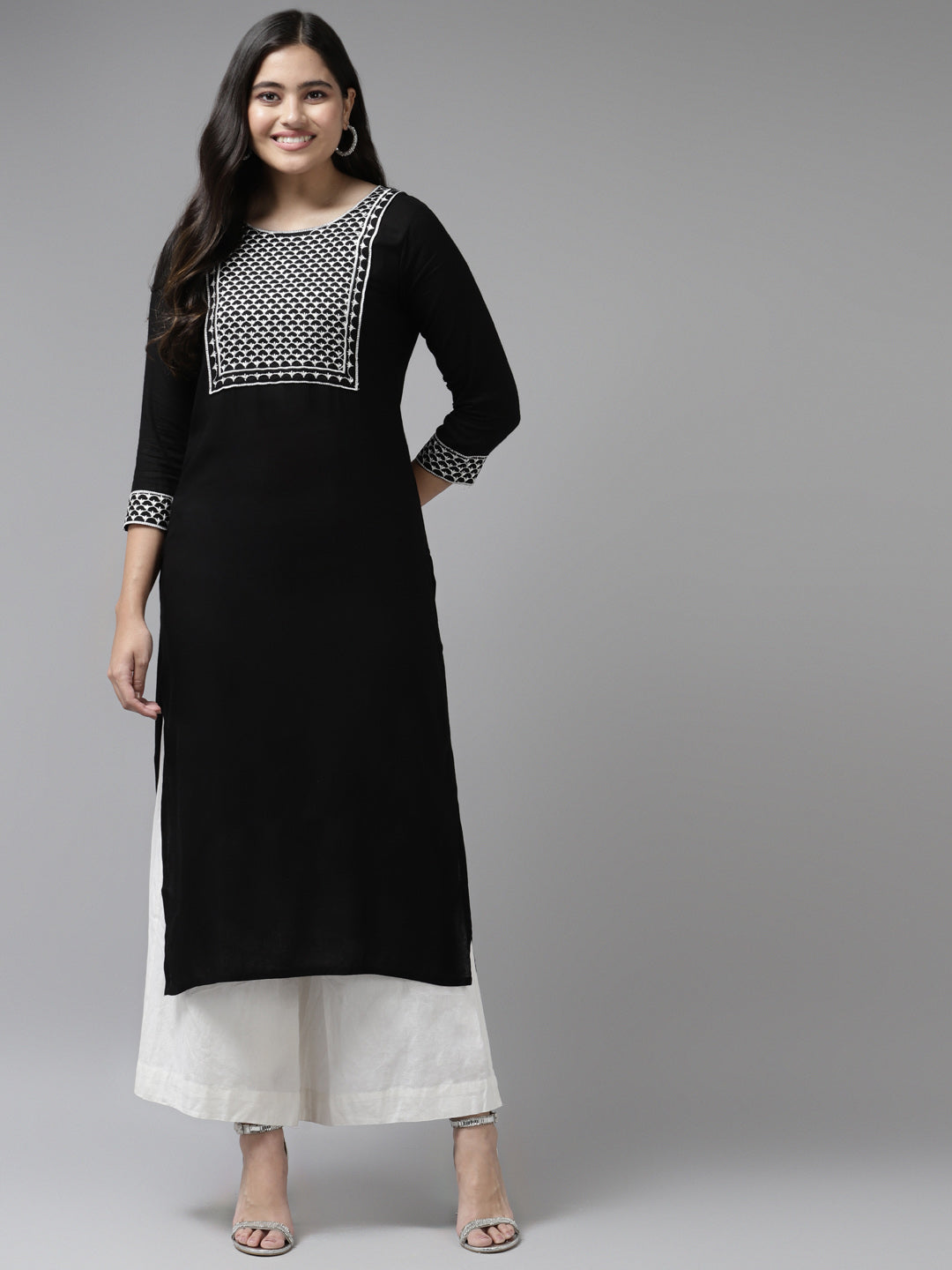 Women's Black Aari Work Rayon Straight Kurta - Yufta