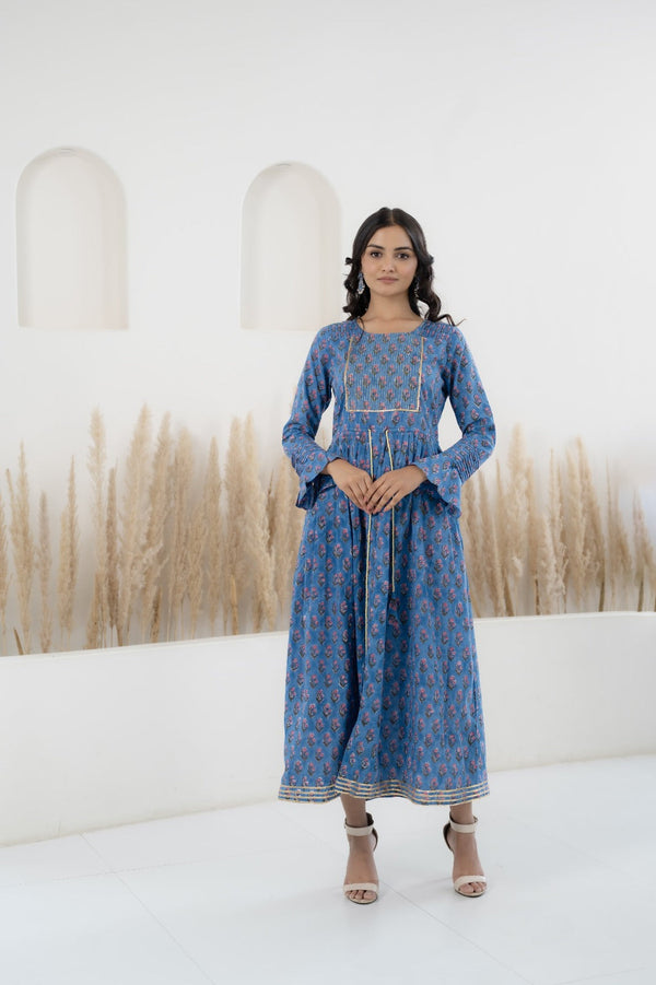 Women’s Blue Printed Traditional Dress by Myshka- 1 pc set