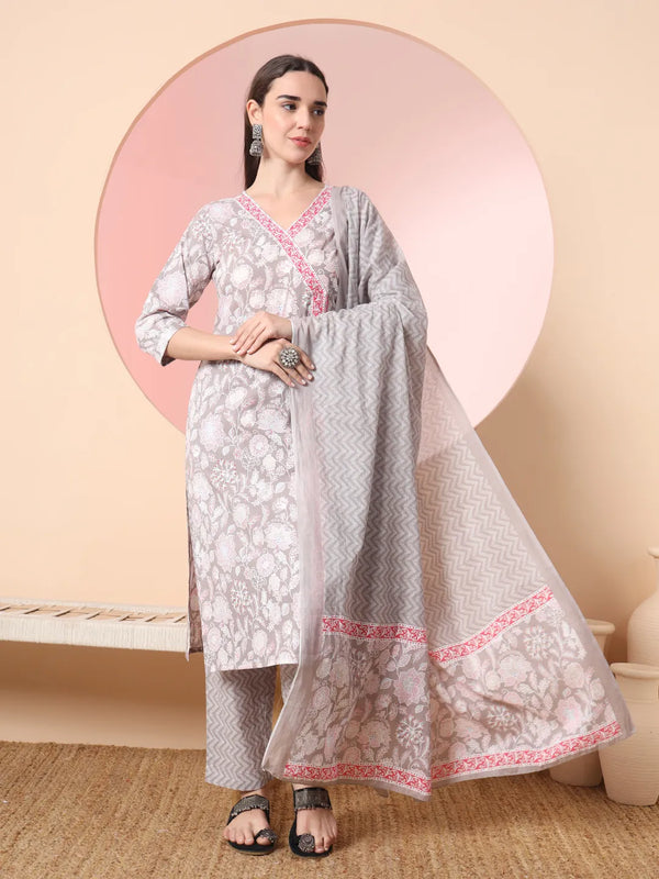 Grey Pure Cotton Angrakha Kurta Dupatta Pant Set