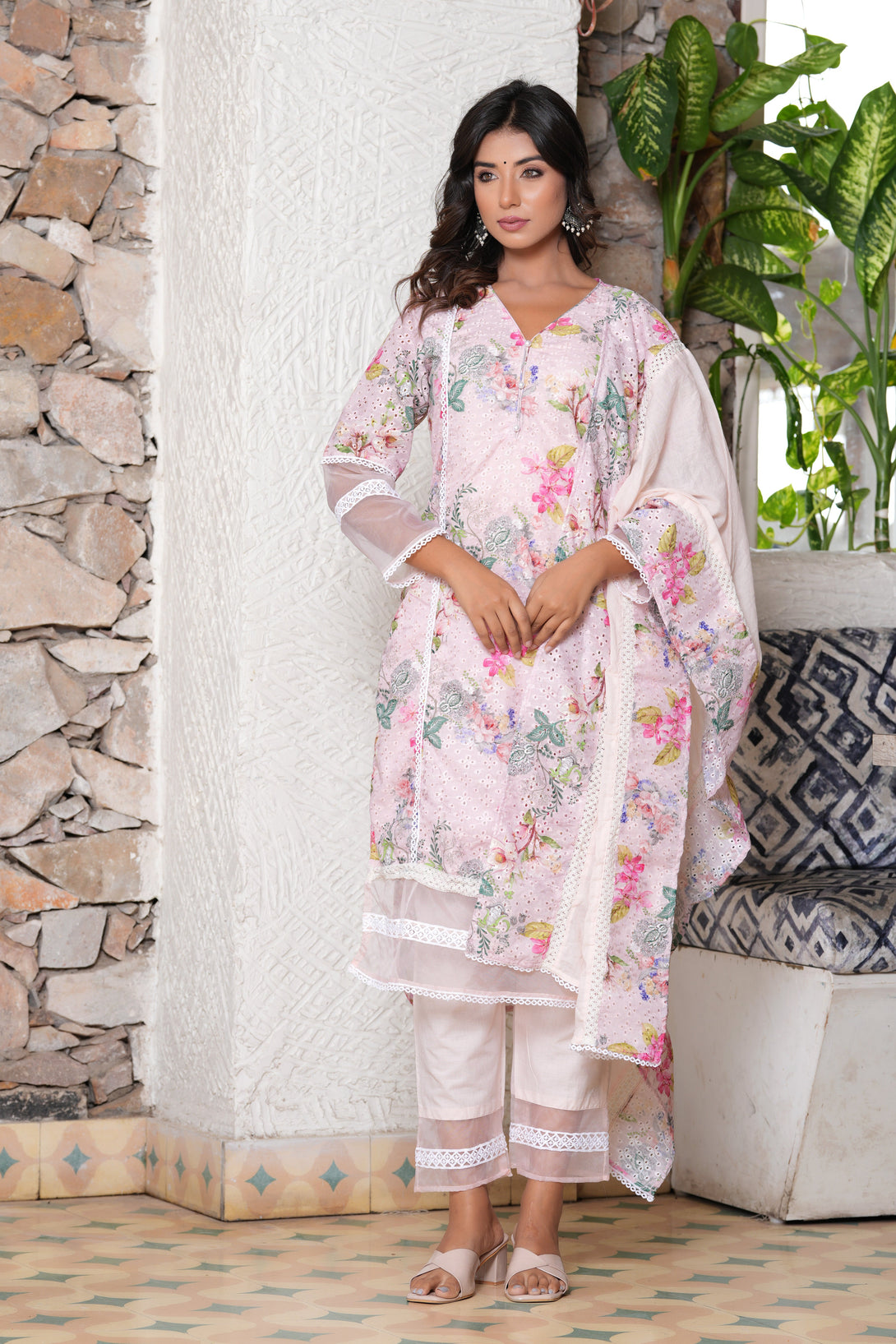 Women's Ethnic Motifs Yoke Design Thread Work Pleated A-Line Kurta With Trousers  Dupatta - Hatheli