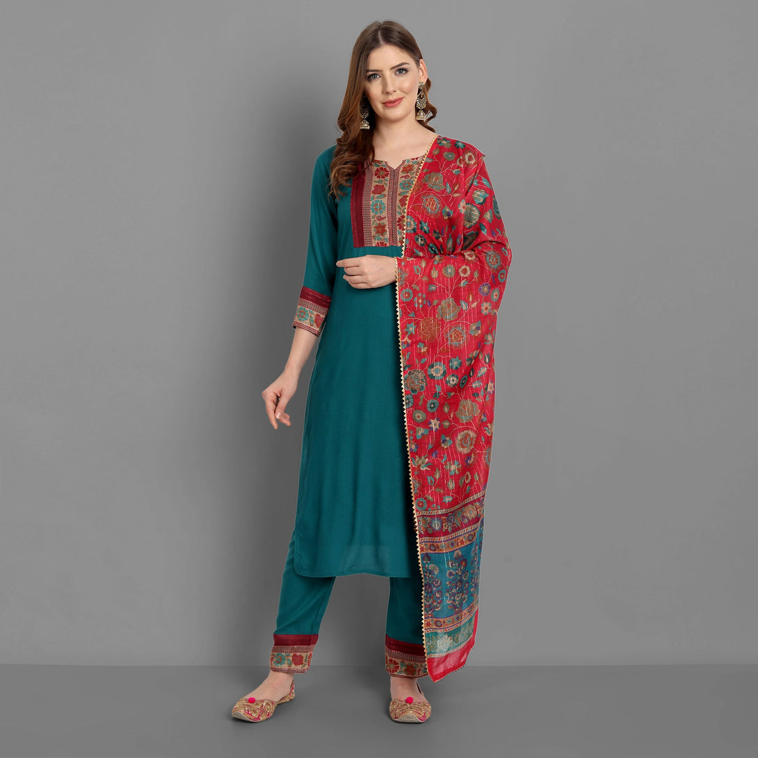 Women's Turquoise Rayon Self Design Kurta Witn Pant And Dupatta - Singni