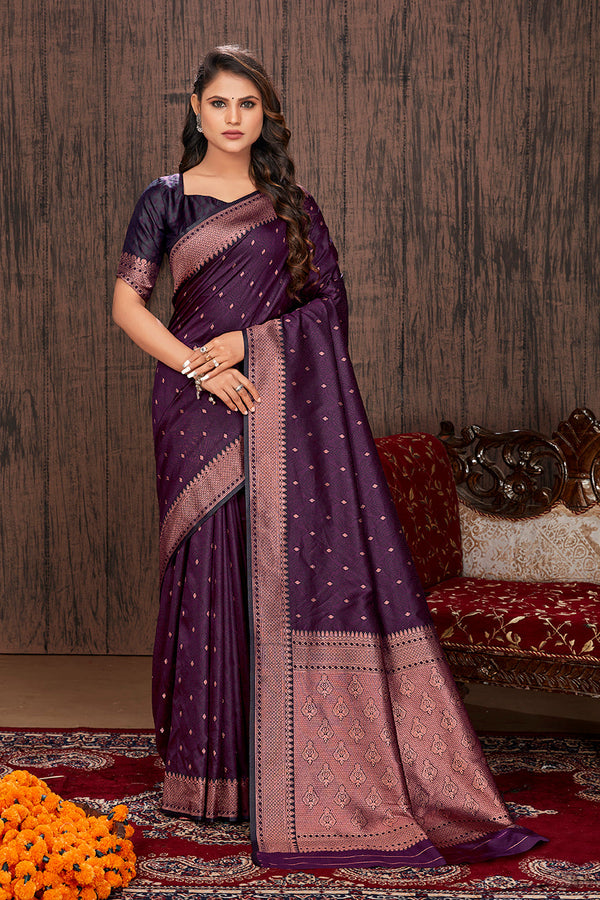 Women's Purple Color Satin Silk Contemporary Saree  - Monjolika