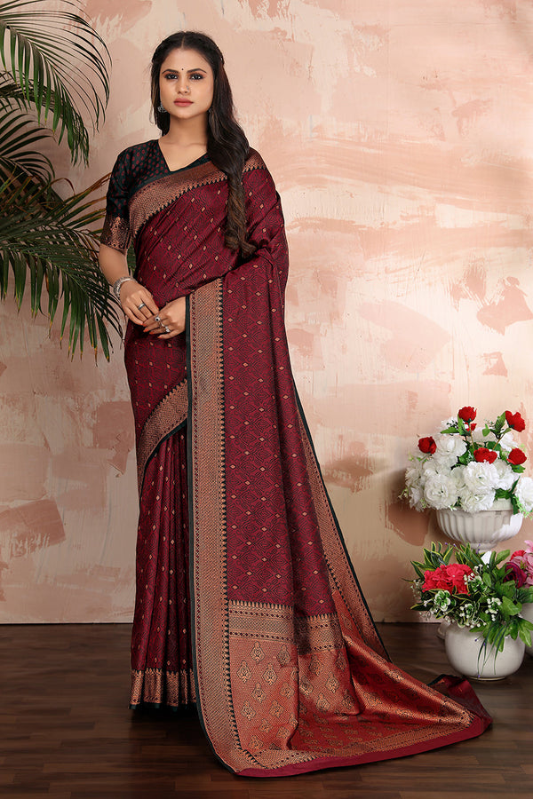 Women's Maroon Color Satin Silk Contemporary Saree  - Monjolika