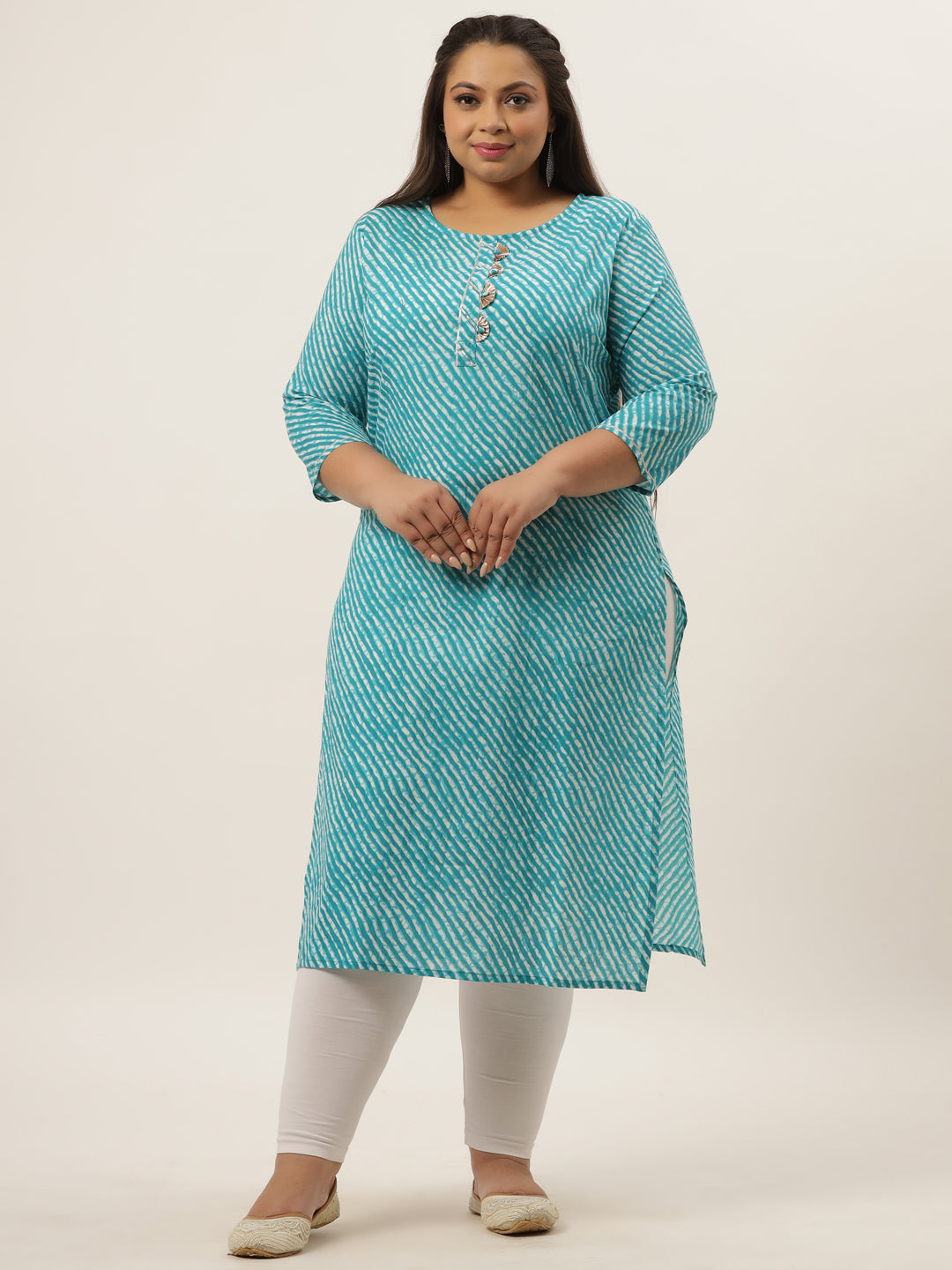 Women's Blue & Off-White Leheriya Dyed Straight Kurta - Yufta