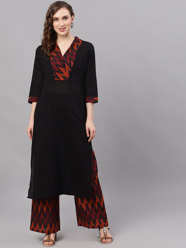 Women's  Black & Maroon Yoke Design Kurta with Palazzos - AKS