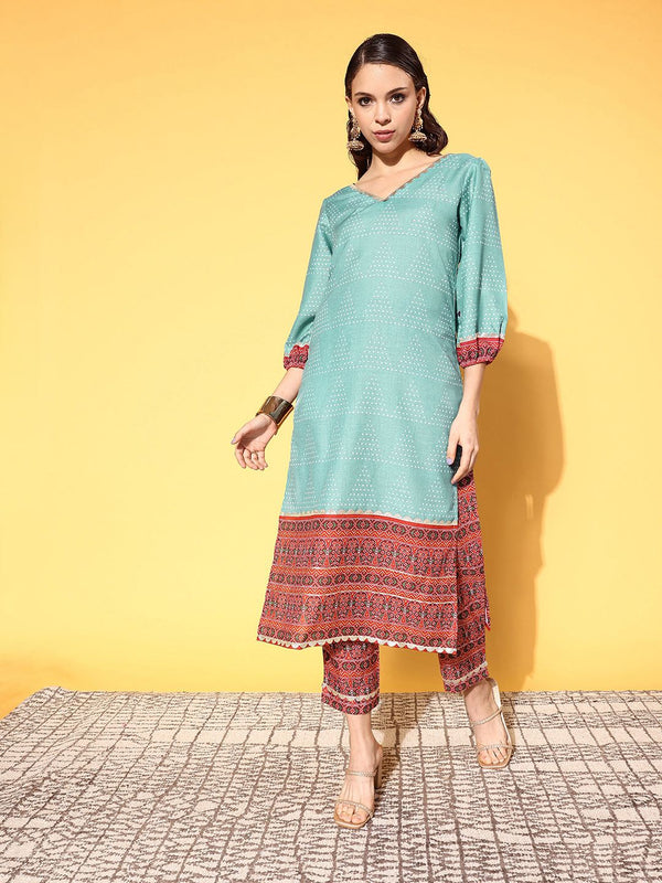 Teal Pure Cotton Blend Digital Printed Kurta Pant Set