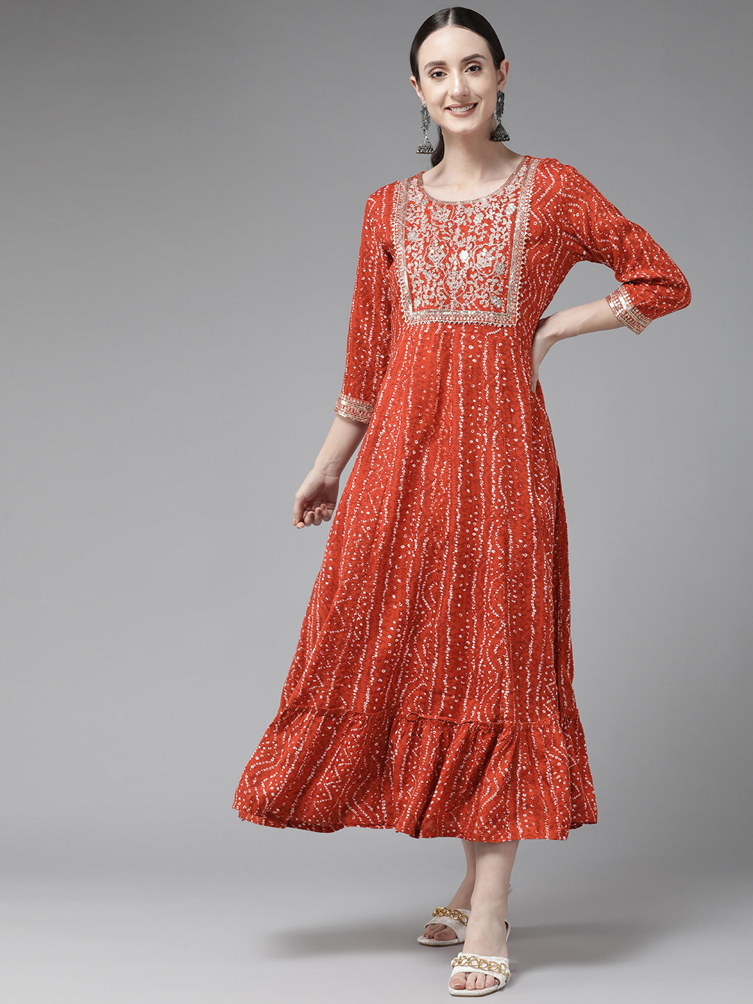 Women's Red Embroidery Sequence Work Cotton Maxi Dress - Yufta