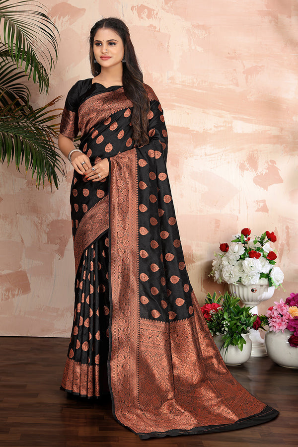 Women's Black color woven zari work banarasi saree - Monjolika