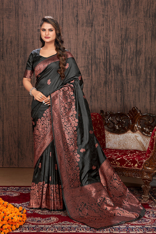 Women's Black color woven zari work banarasi saree - Monjolika