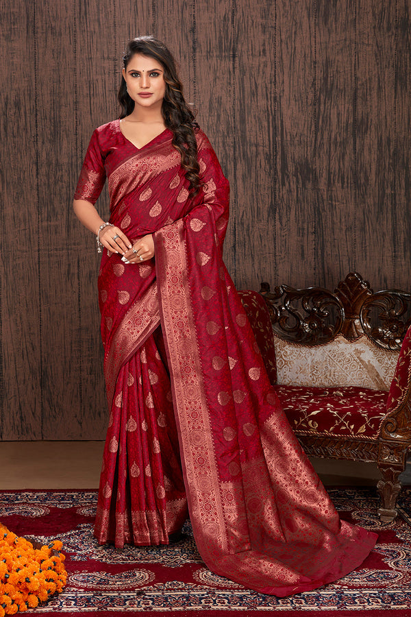 Women's Maroon color woven zari work banarasi saree - Monjolika