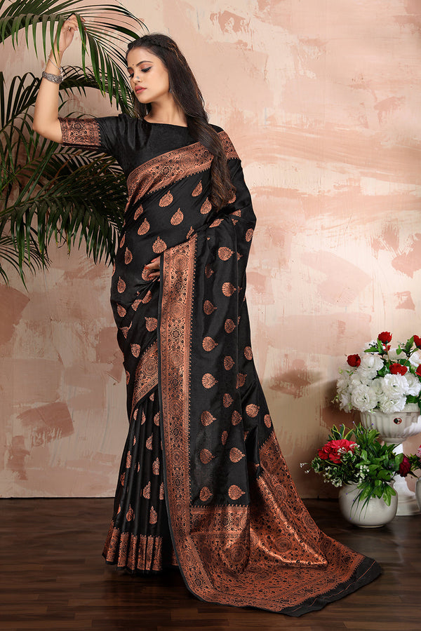 Women's Black color woven zari work banarasi saree - Monjolika