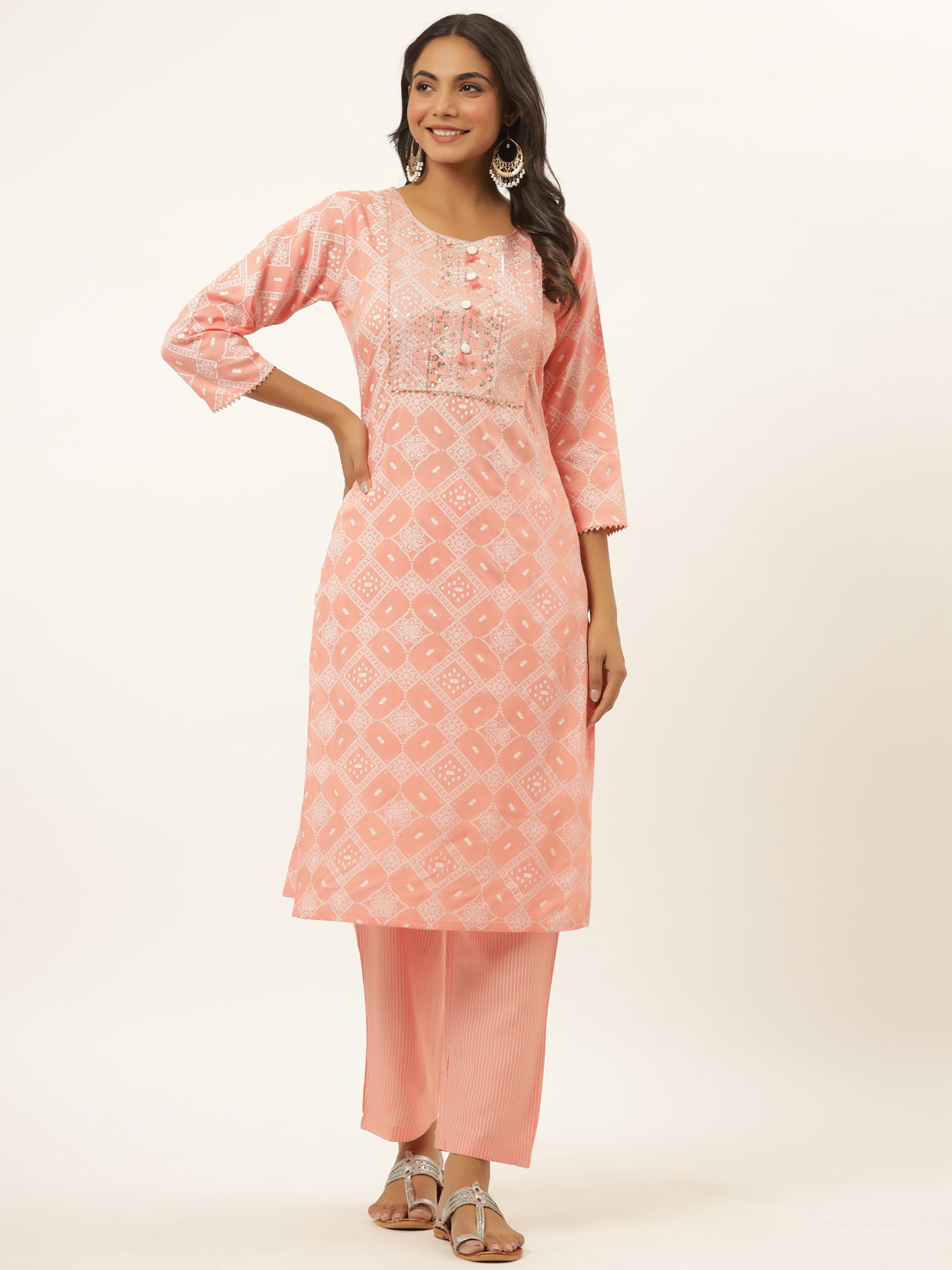 Women's Pink Aari Work Kurta With Trousers - Yufta