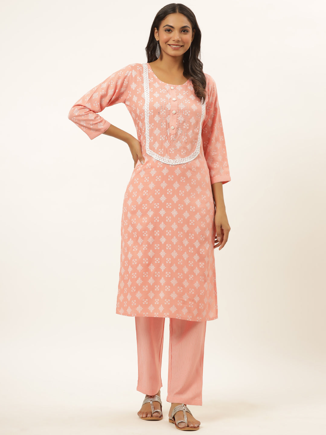 Women's Pink Aari Work Ethnic Motifs Kurta With Trousers - Yufta