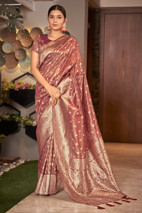 Women's Rust Pink Color Weaving Zari Work Classic Saree For Festival - Monjolika