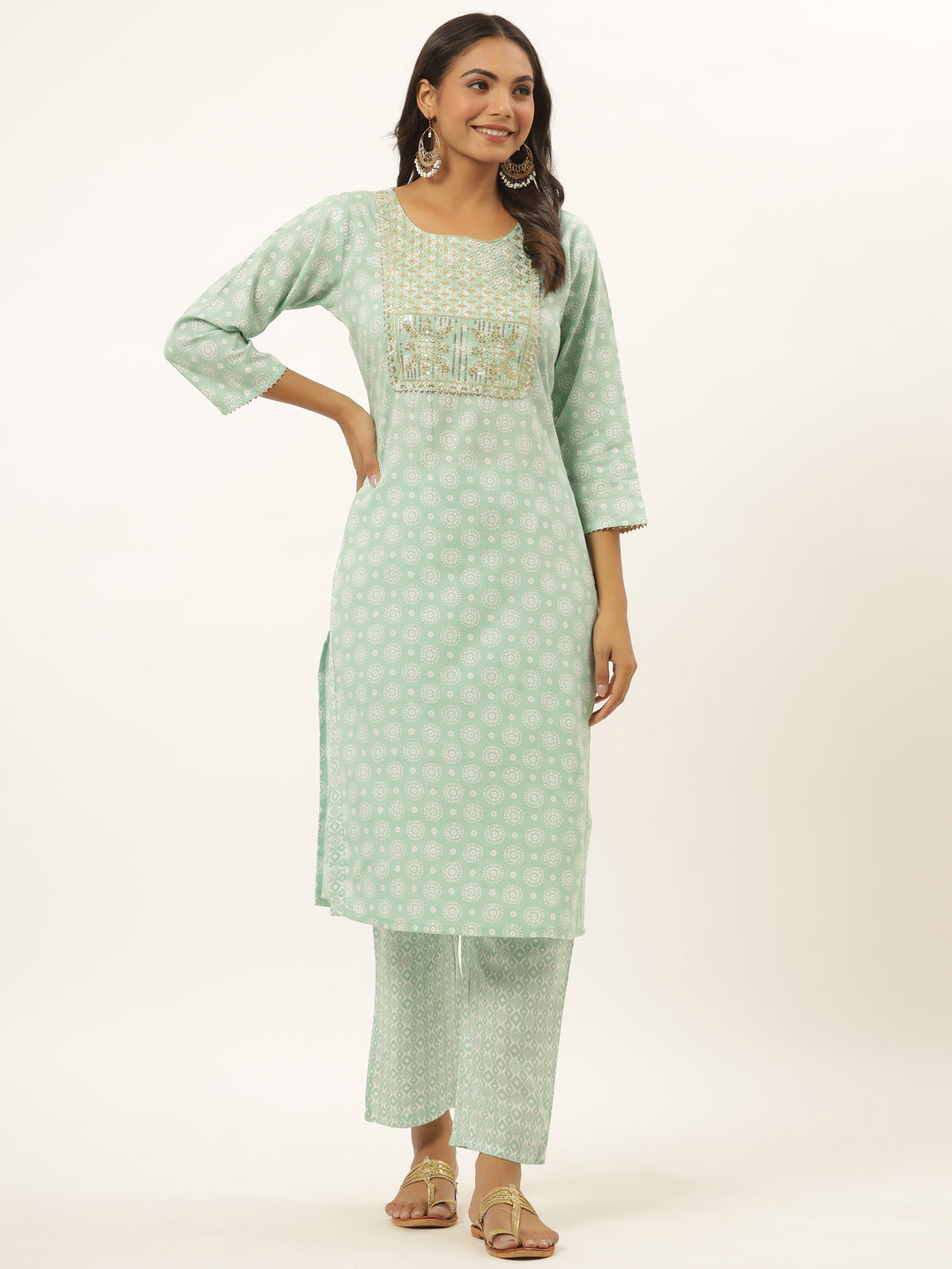 Women's Sea Green Sequence Work Kurta With Trousers - Yufta