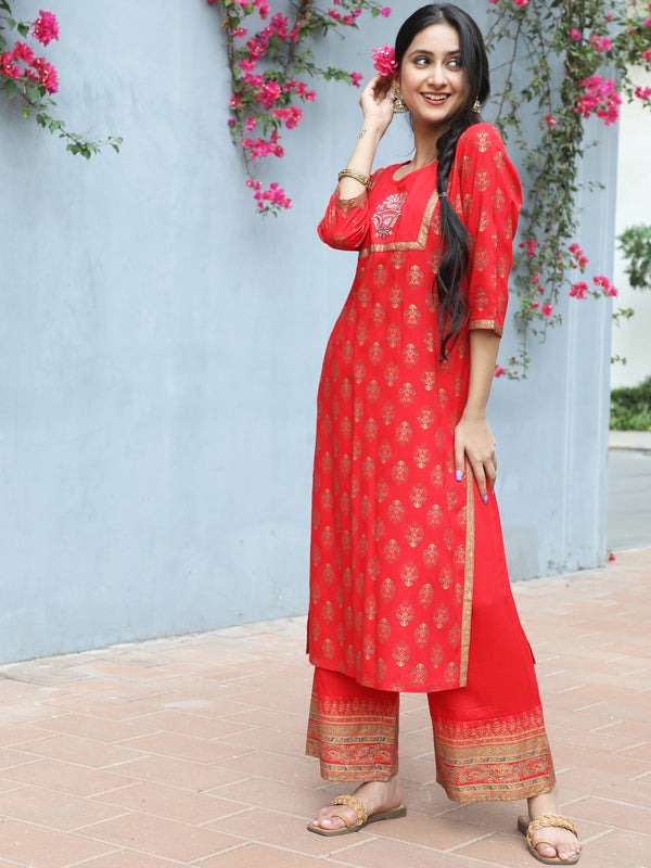 Women's Red Gold Print Kurta With Palazzo - Aks