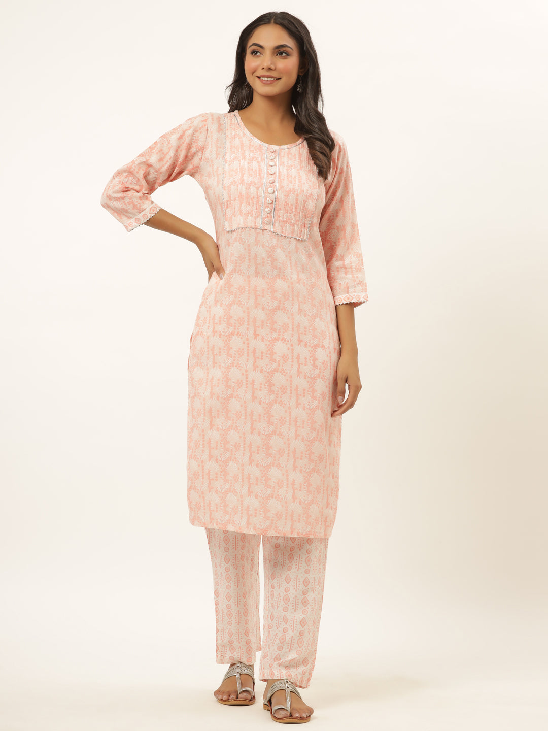 Women's Peach Gota Work Kurta With Trousers - Yufta