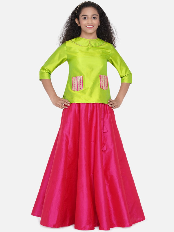 Girl's Green & Pink Embellished Ready to Wear Lehenga Choli - NOZ2TOZ KIDS