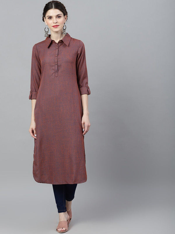 Women's  Blue & Orange Striped A-Line Kurta - AKS