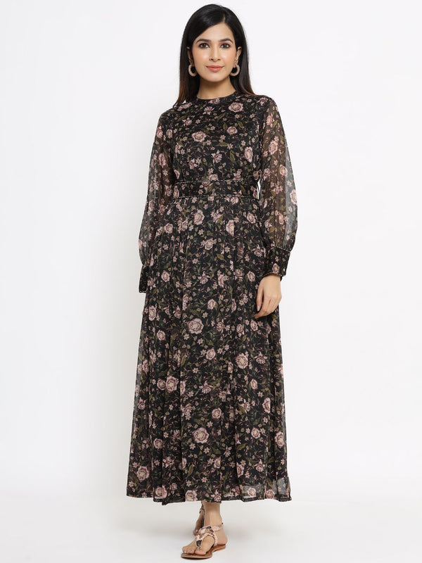 Women's Black Alphin Chiffon Flared Printed Dress With Tie-up Blet - Juniper