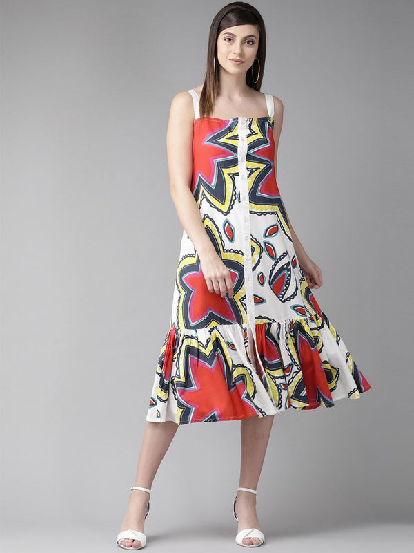 Women's  White Printed A-Line Dress - AKS