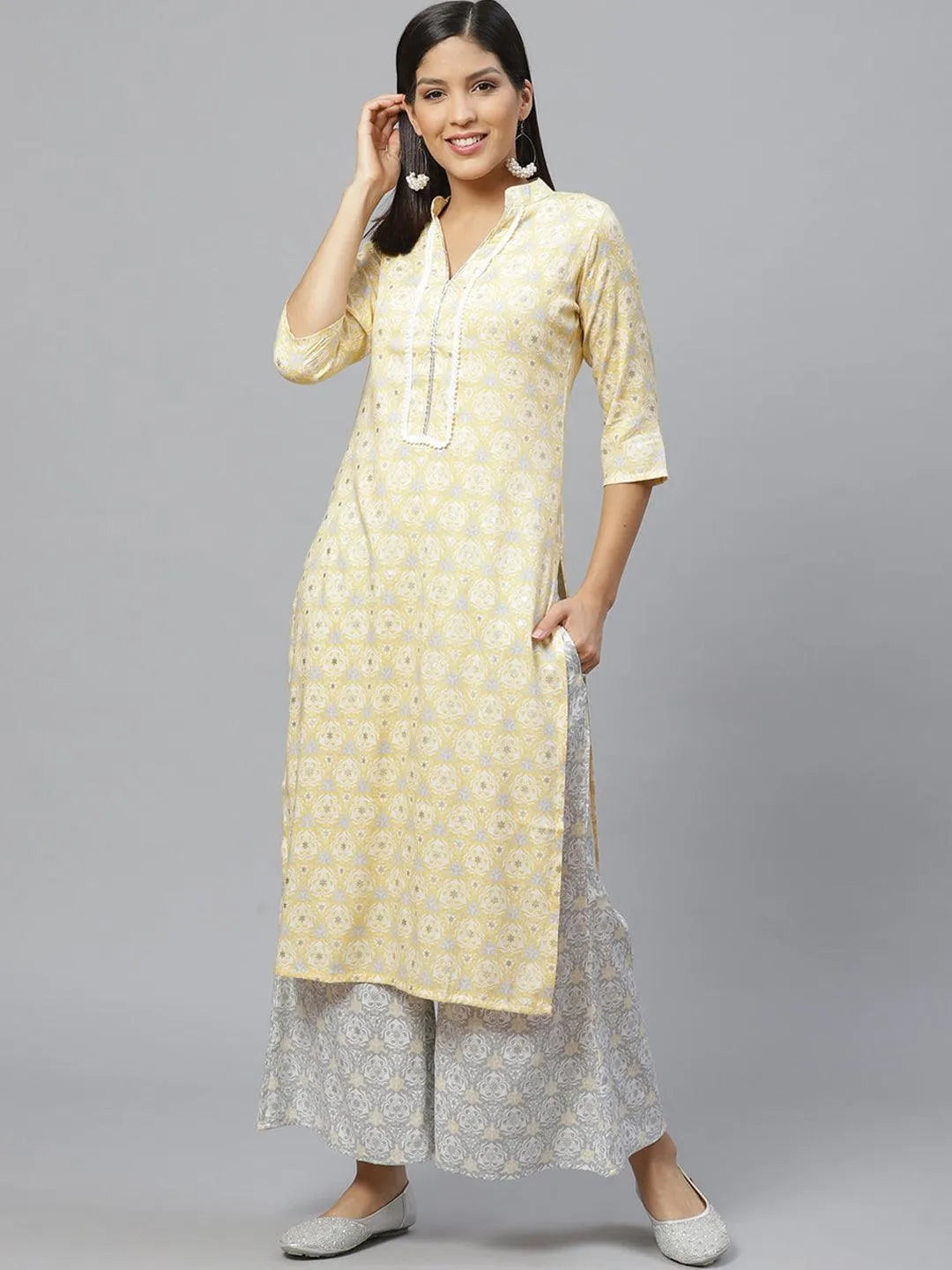 Yellow Printed Rayon Straight Kurta With Palazzos - Jashvi