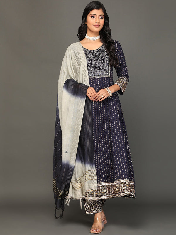 Women's Ethnic Motifs Printed Sequined Zari Kurta With Trousers & Dupatta - Noz2Toz